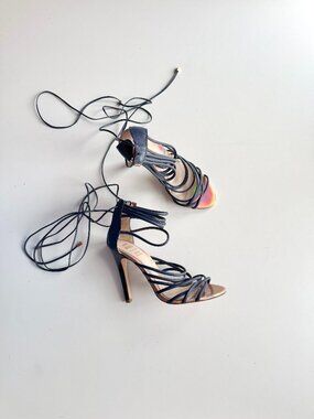 ALDO RISE x MISHA NONOO Iridescent Navy Leather Lace-Up Cage High Heels, Size 38
